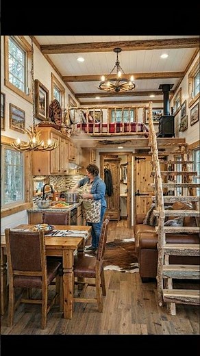 Rustic Cabin Tiny House Design | Log Loft Bedroom + Antler Chandelier