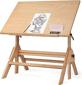 Drafting Table, Natural Design Solid Beech Wood Drafting Table, Adjustable Height & Angle, Art Craft Drafting Drawing Hobby Table Writing Design Reading Studio Desk