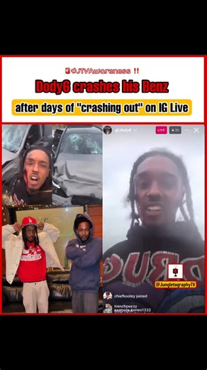 Jungletography TV (JTV) 🌴📰 on Instagram: "🚨#AWARENESS: #Dody6 (@gf.dody6) , a known #RFC member and #LA rapper who was featured on #KendrickLamar’s #GNX album, has literally crashed out after “crashing out” online over the past few days. #JTVWTFMoments 🌴🤦🏽‍♂️ The #HeyNow rapper went live on Instagram moments after he was involved in an auto crash of his #MercedezBenz SUV with his suspected girlfriend in the car. 🚙🚑 In the video, Dody shows the aftermath of the graphic accident and refuse