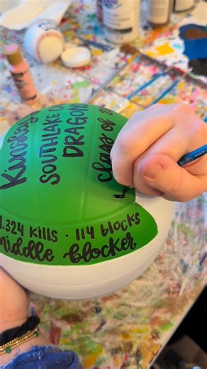 Sarah | The Redheaded Camel on Instagram: "Paint a volleyball with me! Tag a volleyball parent in the comments! #paintingvideo #volleyballmom #personalizedgift"