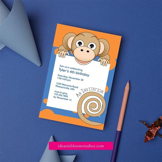 Jungle Monkey Birthday Invitation, Blue Pattern Kids Party Invite (digital Download) - Etsy