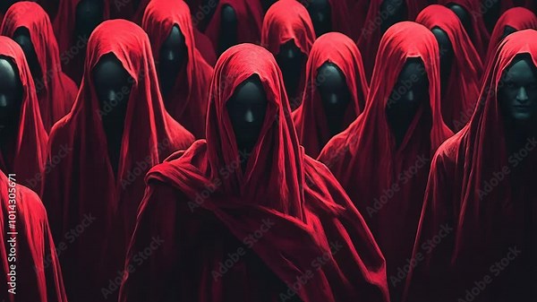 A crowd of people wearing red robes stand together, their faces obscured