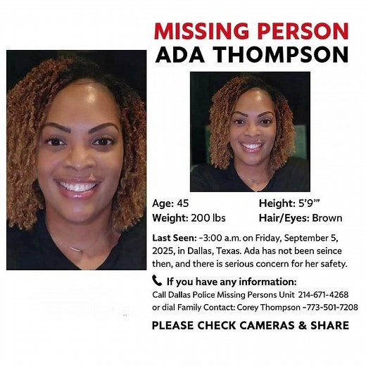 Ada Thompson, 45, has been missing from Dallas, Texas, since September 5, 2025.