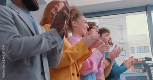 positive multiracial business audience people group smiling applauding sitting at conference clapping hands at corporate training seminar meeting, appreciation applause ovation concept. celebration