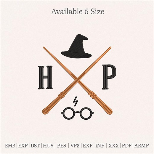 Wizard Wand Embroidery Design, HP Magic Symbol With Hat Glasses, Fantasy Wizard Embroidery, Machine Embroidery File - Etsy