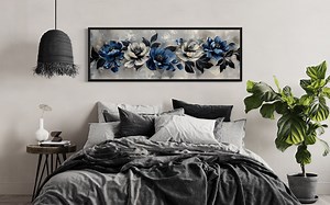 Navy Blue Grey White Floral Wall Art Above Bed Long Horizontal Abstract Flowers Modern Painting Canvas Print Framed Ready to Hang - Etsy