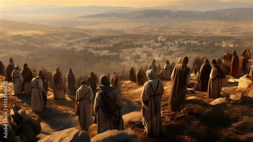 A crowd of people gathered to listen to a sermon in the outskirts of Jerusalem, Sermon on the Mount. Biblical and religious scene