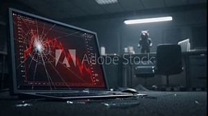 Dramatic stock market crash video with broken laptop screen showing falling red chart