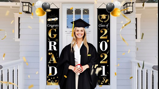 Graduation Decorations-2021,Graduation Decoration Hanging Banner Home Door Porch, Welcome Home Decor Sign,Congrats Graduation Party Supplies Hanging Gold Black And White Banner