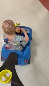 Here is Erin living her best hospital life. She LOVES this little car! It’s been a saving grace! She has had such anxiety when she’s in her bed in the room. As soon as anyone comes in she freaks out. Last night we didn’t get her to go down till around 1am. It was exhausting for everyone. She was only happy in the car 🙈 Both girls have been very nauseous this morning which we think has to do with their meds and all the mucus from being intimated. Erin has developed a cough and little wheeze but 