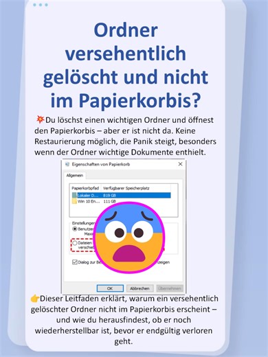 Endgültig gelöscht? So rettest Du verlorene Ordner! 🔍 #ordner#file#data#delete#recover Du hast versehentlich einen Ordner gelöscht und er ist nicht mehr im Papierkorb? 😖 Keine Sorge – das bedeutet nicht automatisch für immer weg. In diesem Short zeigen wir Dir, wie Du gelöschte Ordner wiederfinden und retten kannst. 👉 Egal ob wichtige Arbeit, Erinnerungen oder Familienfotos – hier erfährst Du, wie Du Deine Daten wieder zurückholst und Dich vor echtem Datenverlust schützt!