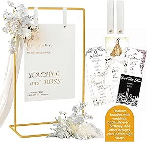 Wedding Sign Holder, Adjustable Welcome to Our Wedding Sign Stand W/Design Bundle & Leather Sign Hanging Straps, Heavy Duty Easel Stand for Sign, Wedding Seating Chart Stand, Easel for Display (Gold)