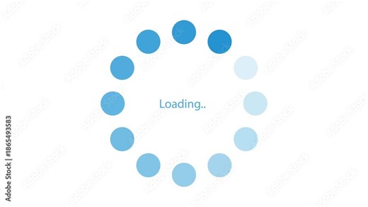 円状に並んだ丸の色が時計回りのグラデーションで変化していくローディングアイコンのアニメーション。円の中央にLoadingの文字が表示された読込中のマーク。システムやウェブサイト、データの読み込みを示す清潔感のある青いUI