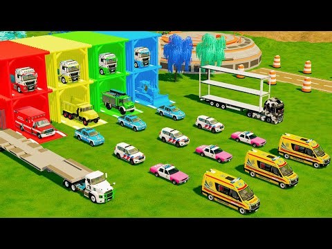 TRANSPORTING ALL POLICE CARS, AMBULANCE, FIRE ENGINE, BULLDOZER & DUMP TRUCK TO GARAGE - FS22
