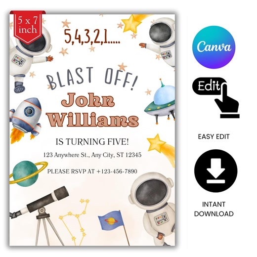 Editable Outer Space Birthday Invitation Template, Galaxy Blast off Rocket Ship Printable Download Party Invite, Boys Astronaut Party - Etsy