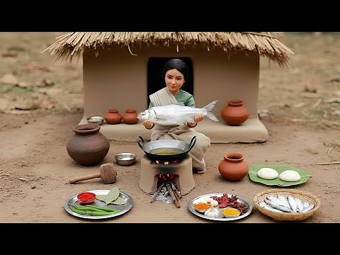 Miniature Doll Fish Cooking ASMR | Indian Village Tiny Kitchen Story