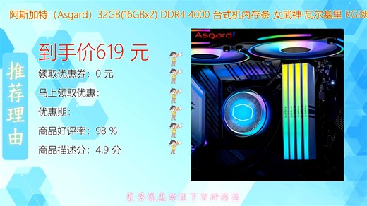 阿斯加特Asgard 32GB DDR4 4000MHz台式机内存条女武神瓦尔基里版 高频稳定低延迟适配主流主板 强悍性能释放游戏多任务潜能 超频潜力十足散热出