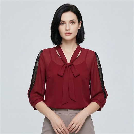Women's Bow Tie Blouse With Lace Sleeves | Elegant Polyester Office Top - Etsy