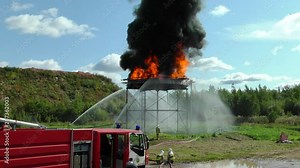 Fire fighting test at the refinery. A powerful fire at an oil well is beautiful and dangerous for people and the environment.