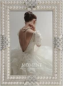 DIKAR 5x7 Picture Frame with Pearl and Crystal Decor for Wedding Photo, Ornate Frame Silver Plated for Tabletop Display