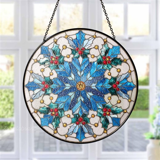 Blue Snowflake Glass Suncatcher, Holly Stained Glass Suncatcher, Winter Window Hanging, Christmas Glass Suncatcher Gift, Snow Lovers Gift - Etsy