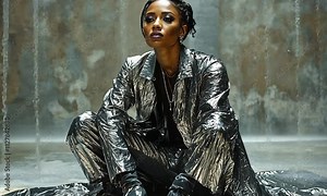 A person in a metallic outfit poses artistically on the ground.