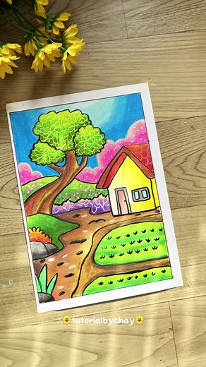 Mewarnai Pemandangan Rumah dengan Crayon