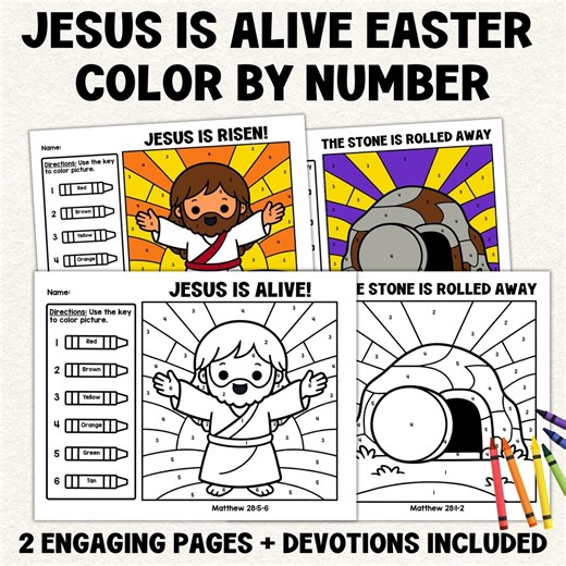 Easter Jesus is Alive Color by Number Bible Activity, Easter Resurrection Christian Easter Coloring Pages, He is Risen Kids Bible Coloring - Etsy