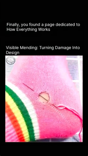 How Everything Works on Instagram: "This viral clip highlights visible mending, a repair philosophy inspired by traditional Japanese sashiko stitching, where worn fabric isn’t hidden but intentionally transformed into art. In the video, a hole in a striped sock is repaired with bright pink embroidery thread, forming a bold Star of David—turning damage into a powerful visual statement instead of something to conceal. With nearly 2 million views and thousands of likes, the post reflects a growing