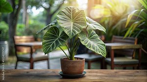 An elephant ear plant on a table with a blurred outdoor background and reflected sunlight