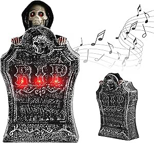 Spooky Sound-Activated Halloween Outdoor Decoration, Animated Tombstone with Lifting Ghost and Vocal Lights
