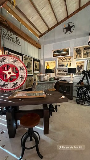 Staging this area of our Barn was so much fun! Bringing in unique pieces is almost as exciting as seeing them in our showrooms! Cycle Bar deserved its own moment since it didn’t completely fit in the group photo 😅 #VintageWheel #GameWheel #WorkshopTable #IndustrialWorkbench #StatementPiece #ConversationPiece #CollectibleDecor #RusticSigns #VintageSigns #MechanicalArt #FunctionalArt #ReclaimedDesign #franklintn #shopfranklintn #middletn | Riverside Franklin