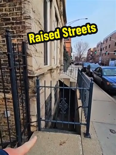 Rerun of the raised streets on Noble Street in Noble Square near Eckhart Park in West Town Chicago on February 10, 2024. Chicago’s streets were raised 4 to 14 feet in the 1850s and 1860s to install a comprehensive underground sewage system, solving critical sanitation and flooding issues caused by the city’s original flat, swampy, and low-lying elevation. This massive infrastructure project, which involved jacking up buildings and streets, helped combat deadly disease outbreaks like cholera and 