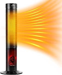 Electric Heaters for Indoor Use : 34" Ceramic Space Tower Heater with Remote, 3D Flame Realistic, Oscillating heating, 12 Timer, Energy Efficient Heater for Large Room Office Bedroom