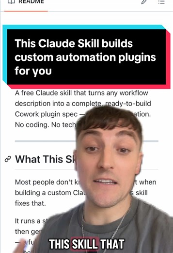This Claude skill builds custom automation plugins for your workflows. Instead of figuring out how to build automations yourself, this skill interviews you about a recurring task and generates a Claude Cowork plugin that can run the workflow for you. Claude Cowork plugins are reusable AI workflows inside Claude that can run tools, connect apps, do research, and automate multi-step tasks. When you run the skill, it asks about: • the task you want to automate • what inputs it should use • what out