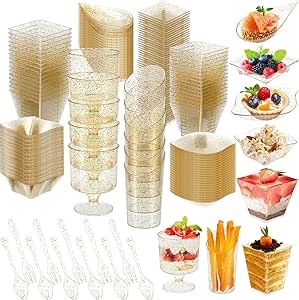 160 Pcs Mini Appetizer Plates Dessert Cups Spoons Forks Set Dessert Containers Assorted Shape Plastic Parfait Cups Disposable Spoon Forks for Party Serving (Gold)