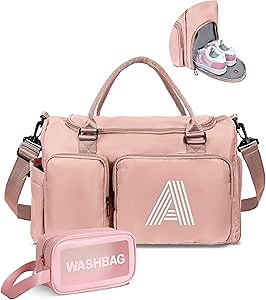 Elilier Duffel Bag for Girls Women, Birthday Gifts for Girls Kid Teen Adult, Initial Sport Duffel Bag for Travel, Gym, Dance, Weekender, Overnight, with Shoe Compartment & Water Resistant