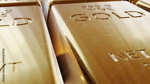 Footage with extreme close-up real ingots of the gold bars. 250g bars of the golden bricks in the safe. A safe bank deposit box with glossy golden ingots as best financial investment on stock market.