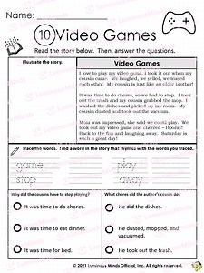 Reading Comprehension Worksheets - Video Games