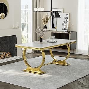 Asday White and Gold Dining Table, 70 inch Dining Room Table with Polished Stainless Steel U-Base for 4-8