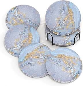 Absorbent Coasters with Holder, Absorbent Coasters Set 6 Pcs, Blue Marble Ceramic Agate Drink Coaster Cork Base Cup Coaster for Coffee Table, Housewarming Gift for Women, 4 Inches