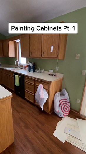 Painting our kitchen cabinets was a huge project but SO worth it! See the transformation in Pt. 2 🙌🏼 #diy #homeimprovement #90shomemakeover #paintok #homeproject #kitchenremodel #kitchenmakeover #cabinetpainting #fyp #fypシ
