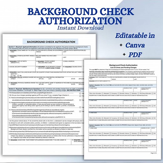 Background Check Authorization Form | Printable PDF | Editable Template | Employment Screening | Tenant Screening | Job Application Form - Etsy