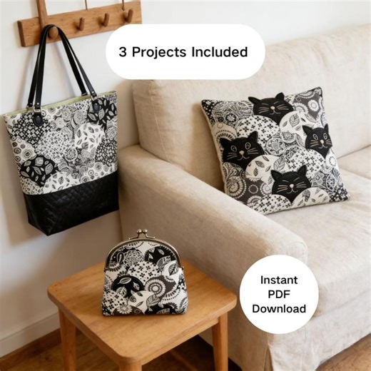 Cat Clamshell Quilt Pattern PDF - 3 in 1 Sewing Guide: Tote Bag, Purse, and Kitty Pillow - Modern Applique Quilting Pattern for Beginners - Etsy UK