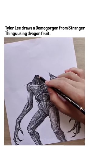 Factisca on Instagram: "Tyler Lee, a self-taught artist known for accessible tutorials on YouTube, creates a time-lapse video of him sketching the Demogorgon from Stranger Things and using halved dragon fruit to stamp its magenta, seeded flesh onto the drawing, mimicking the creature's fleshy, petal-like mouth. The technique exploits the dragon fruit's natural vibrant hue and texture for a seamless organic effect, blending food artistry with pop culture to produce a striking, hybrid illustration