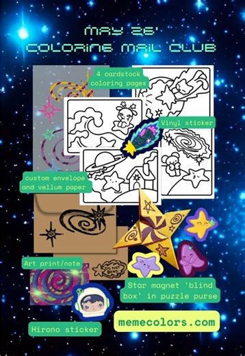 I'm excited to share that May's reveal for my coloring mail club is here! This month's theme is all about space with a whimsical twist 😊. I felt inspired from the recent Artemis 2 mission. The vast universe is truly amazing, and it's incredible how much we continue to learn about it! What’s included: - 4 cardstock coloring pages - 2 vinyl stickers - Star magnet ‘blind box’ Victorian puzzle purse - Print/note You can join my coloring mail club at memecolors.com ✨🪐☄️🛸👽 #artmail #snailmail #col