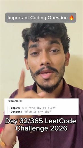 Karan | 365 Days LeetCode on Instagram: "Day 32/365 LeetCode Challenge 🚀 151. Reverse Words in String 🔥 . . . #DSA #LeetCode #coding #dailycoding"