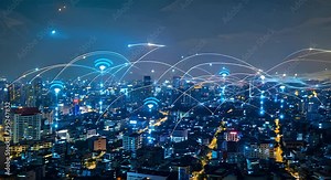 Modern city with wireless network connection and city scape concept. Wireless network and Connection technology concept with city background at night. Stock Video