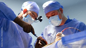 Neurosurgeon applies surgical screw driver tool at operation. Assisting doctor holds the device sucking blood off.