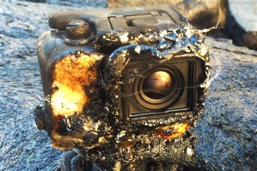 GoPro camera videos itself being swallowed up by molten lava and surviving
